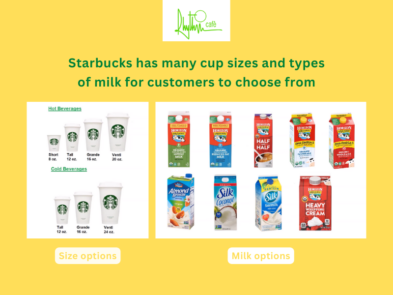 Starbucks offers sizes and milks